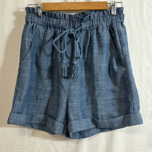 FRNCH Paris chambray denim blue drawstring loose linen shorts high rise - Picture 1 of 6